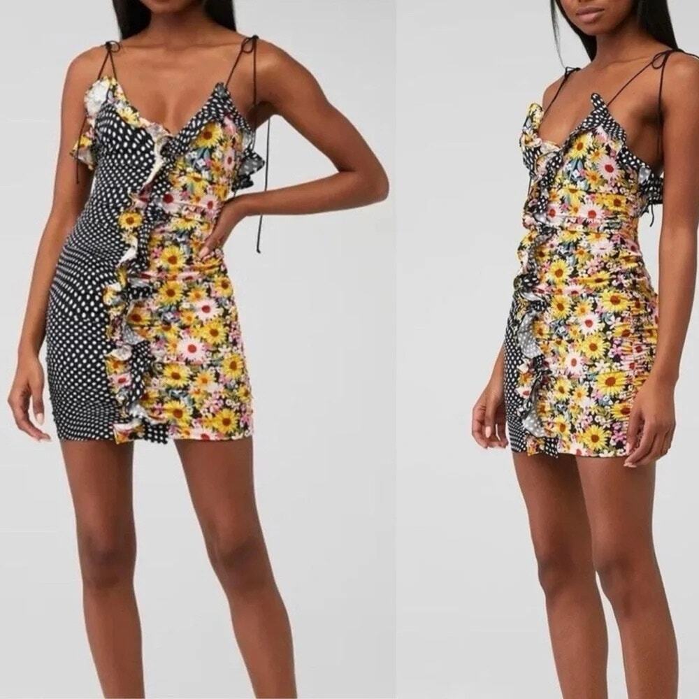 For Love & Lemons Mixed Print Ruffle Mini Dress | Size M | Polka Dot & Floral